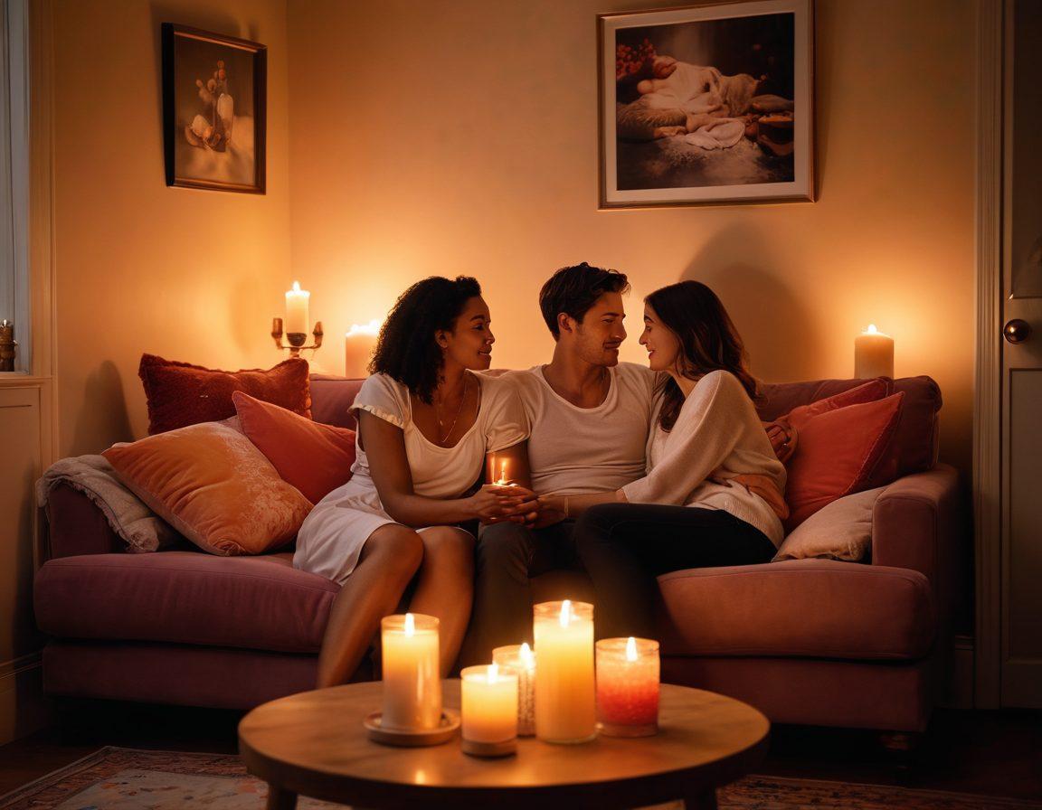 A whimsical and intimate scene featuring a cozy, softly-lit room adorned with romantic décor, including plush cushions and candles. In the foreground, a couple engaged in conversation, their expressions conveying trust and connection, with subtle hints of kink-themed items artistically arranged in the background. The overall atmosphere exudes warmth and openness towards sexual expression and wellness. soft focus. vibrant colors. intimate ambiance.