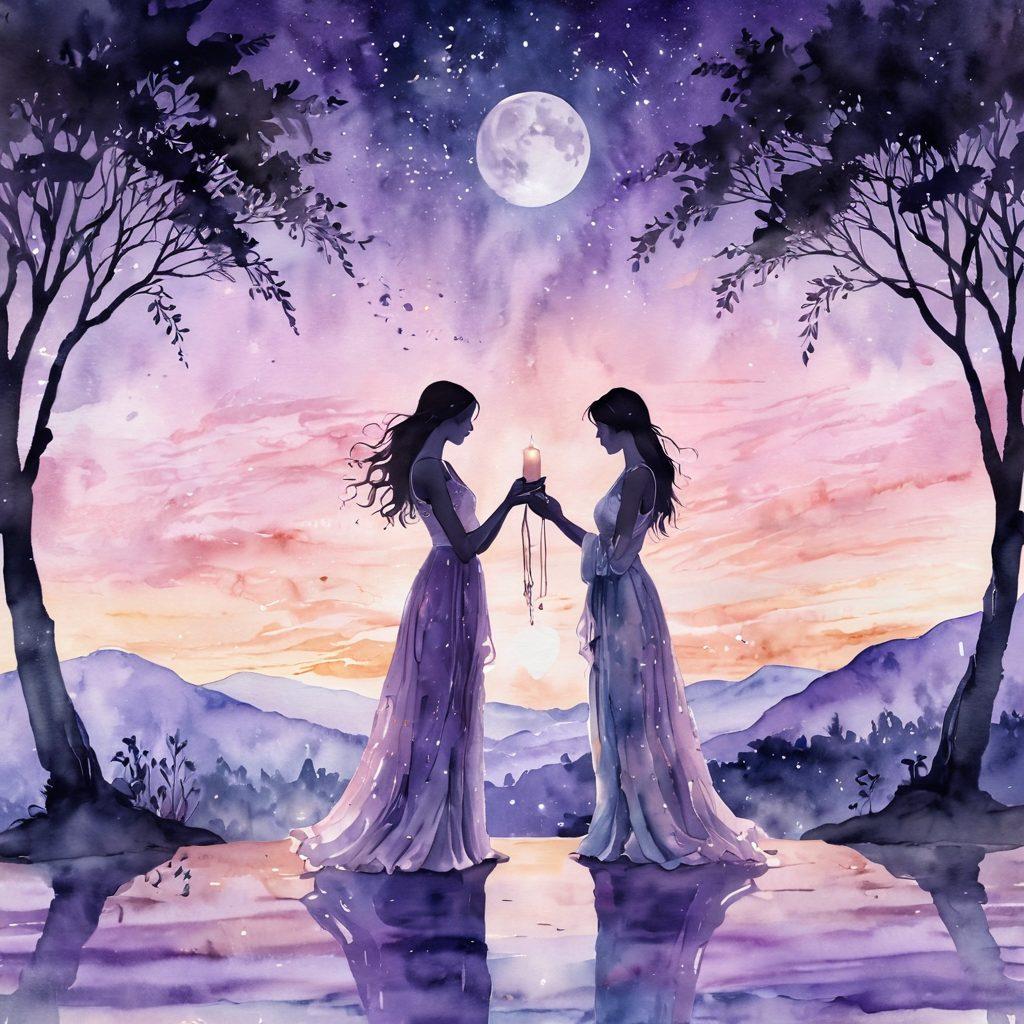 A soft, ethereal setting with two silhouettes embracing under a moonlit sky, surrounded by flowing silk fabrics and aromatic candles. Gentle hues of lavender and blush blend harmoniously, creating an intimate atmosphere that evokes feelings of warmth and connection. Delicate cosmic elements such as stars subtly twinkle around the figures to enhance the dreaminess of the scene. watercolor painting. soft pastel colors. dreamy background.