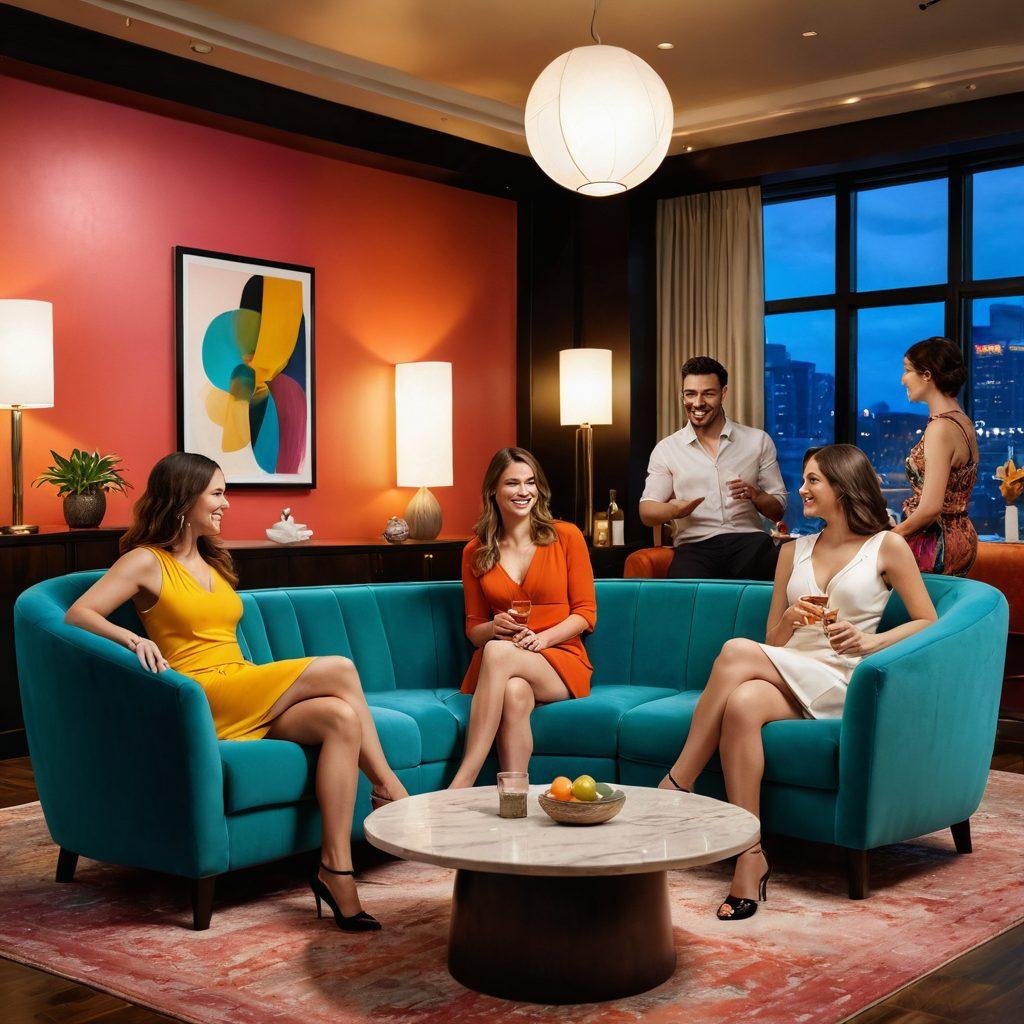 A vibrant and engaging scene depicting a diverse group of adults connecting joyfully in a modern, upscale lounge setting. Soft, warm lighting creates an inviting atmosphere, with plush seating, artistic decor, and playful elements symbolizing intimacy and communication. Highlight various expressions of pleasure, from laughter to conversations, while artistic icons or symbols subtly reference adult entertainment without being explicit. Emphasize a sense of community and openness, inviting viewers to embrace their desires. super-realistic. vibrant colors. 3D.